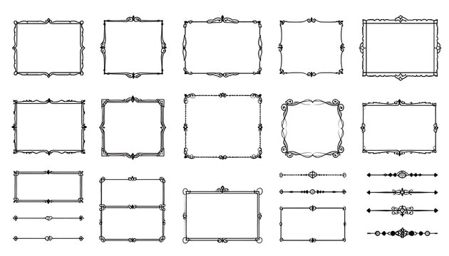 Elegant Vintage Black Hand Drawn Decorative Frames And Dividers Collection Set Isolated On White Background For Classic Ornamental Design