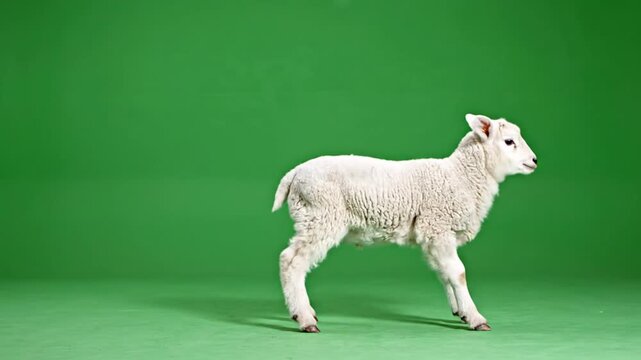A young white lamb stands on a vibrant green background, looking to the right.