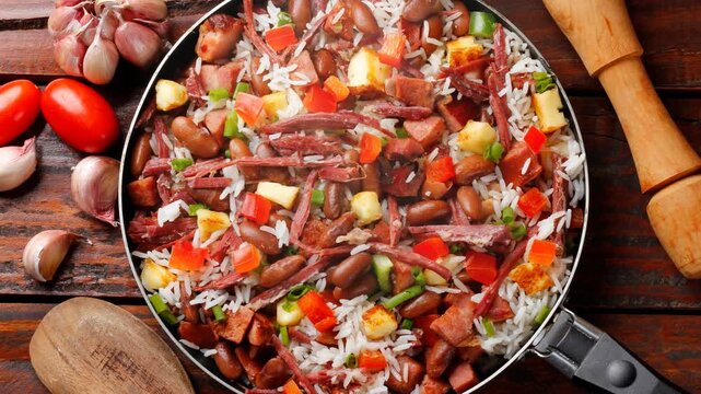 Bai&atilde;o de Dois in a rustic pot, a typical dish of Brazilian northeastern cuisine with rice, beans, jerked beef and curd cheese