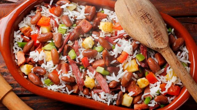 Bai&atilde;o de Dois in a ceramic bowl, a typical dish of Brazilian northeastern cuisine with rice, beans, jerked beef and curd cheese