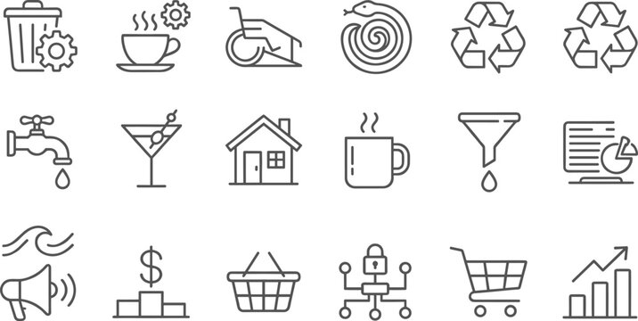  Universal Lifestyle and Business Line Icon Set Featuring Recycling Symbols Household Items Food Beverage Shopping and Financial Growth Graphics for Versatile Web and App Design Projects