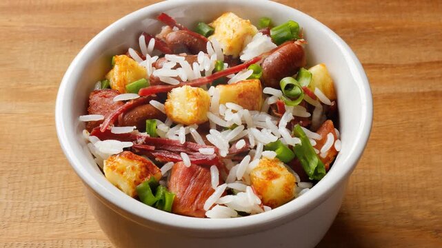 Bai&atilde;o de Dois in a ceramic bowl, a typical dish of Brazilian northeastern cuisine with rice, beans, jerked beef and curd cheese
