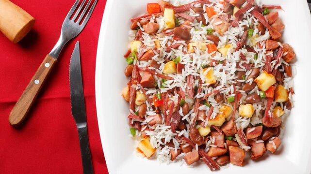 Bai&atilde;o de Dois in a ceramic bowl, a typical dish of Brazilian northeastern cuisine with rice, beans, jerked beef and curd cheese