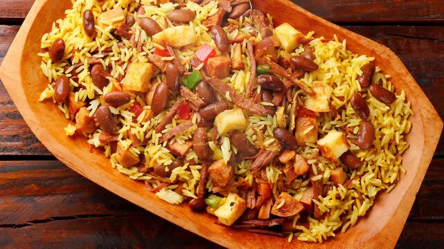 Bai&atilde;o de Dois in a wooden bowl, a typical dish of Brazilian northeastern cuisine with rice, beans, jerked beef and curd cheese.