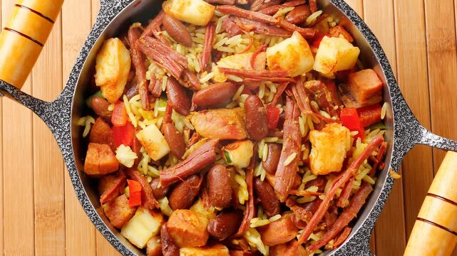 Bai&atilde;o de Dois in a rustic pot, a typical dish of Brazilian northeastern cuisine with rice, beans, jerked beef and curd cheese