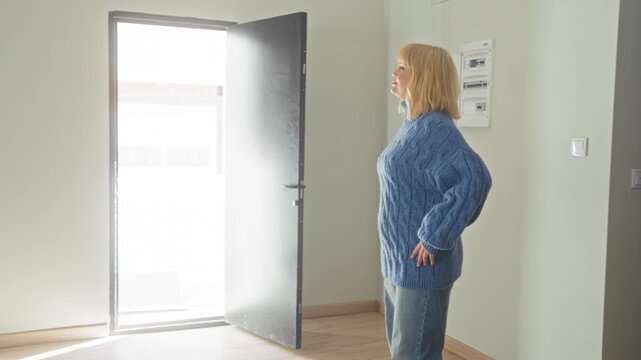 Woman stands facing an open metal door inside a building with hands relaxed at her sides and neutral expression by the doorway; contemplation transition waiting.