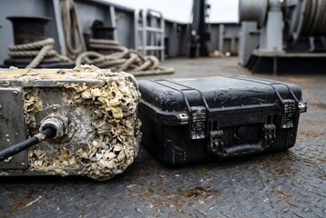 Fototapeta premium Deep-sea ROV housing edge with hard calcified scale and barnacle residue
