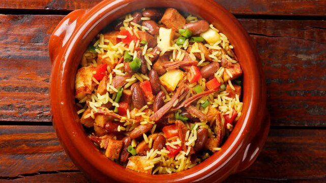 Traditional Bai&atilde;o de Dois served in a clay pot on a rustic wooden table. Typical cuisine from Northeast Brazil