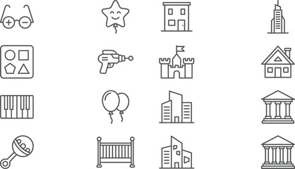 Universal Line Icon Set Featuring Baby Toys Children Items Architecture Buildings Real Estate Houses and Educational Symbols for Web Design Graphic Projects and Apps © MdShakib
