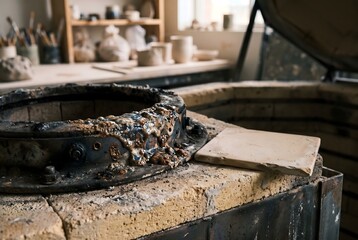 Fototapeta premium Industrial pottery kiln rim with hard fused glaze and soot