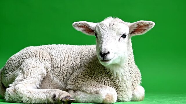 A fluffy white lamb with soft woolly fleece lies peacefully on a vibrant green background, looking gently at the camera.