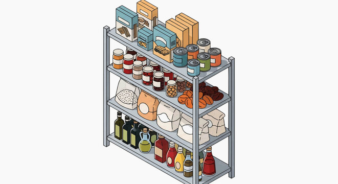 A cluttered pantry shelf displays various food and drink items in storage containers.