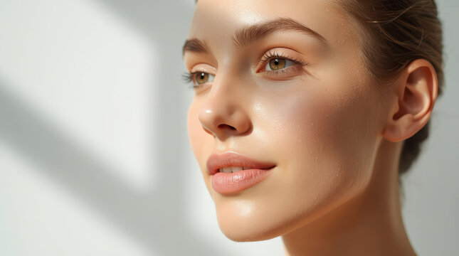 Radiant glowing skin closeup portrait, soft natural light, hydrated healthy complexion