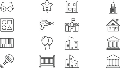Versatile Minimalist Line Icon Set Featuring Real Estate Buildings Architectural Landmarks Kids Toys and Educational Elements for Web Development Mobile Apps and Creative Graphic Design © MdShakib