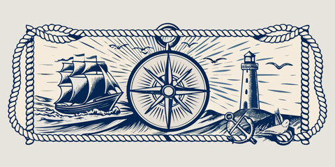 nautical scene with lighthouse ship compass and rope frame © Usa