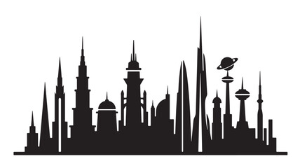 City skyline silhouette with futuristic spires, domes, towers, and planets in minimalist black vector style for space theme © RASHIDAPARVIN