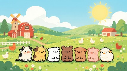 Obraz premium Cute Cartoon Farm Village with Happy Animals and Windmill