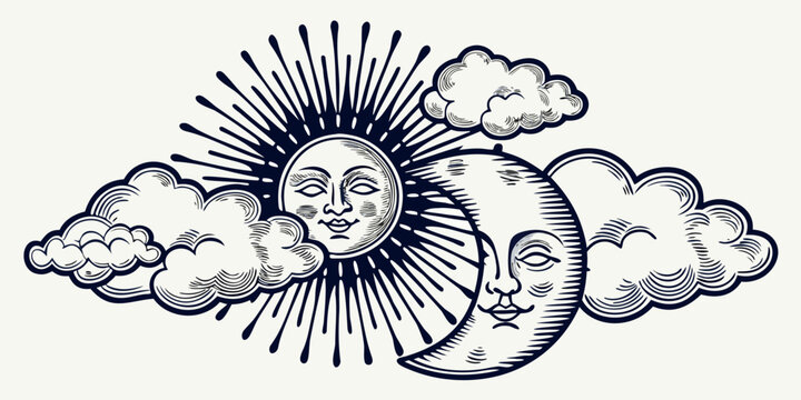 Anthropomorphic sun and moon illustration with clouds vintage engraving style