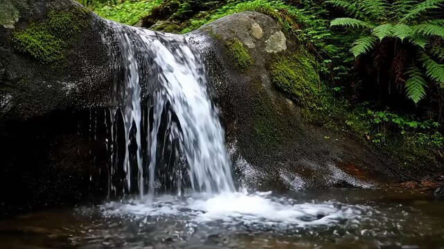Small waterfall cascading over moss-covered rocks in a lush green forest cascade water nature stream rock