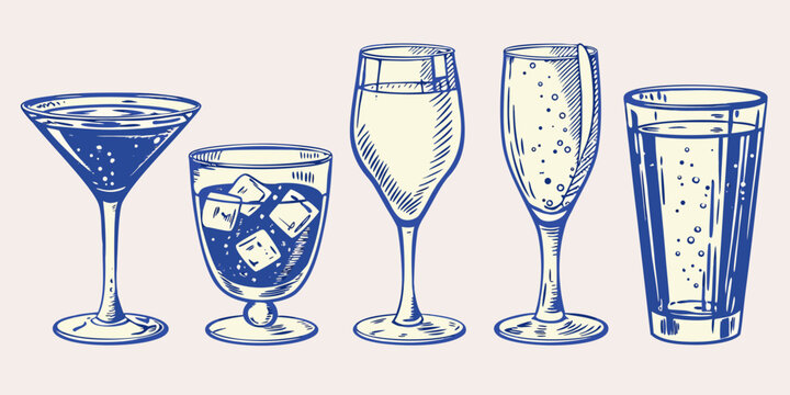 Hand drawn blue line art of various cocktail glasses
