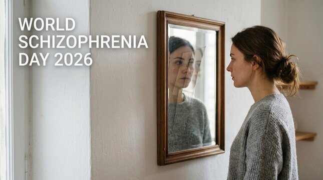 World Schizophrenia Day 2026 Woman looking at mirror reflection distorted