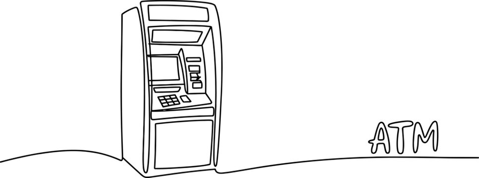 Continuous single line drawing of an atm machine bank terminal used for withdrawing cash money and checking account balance in simple style Vector, illustration