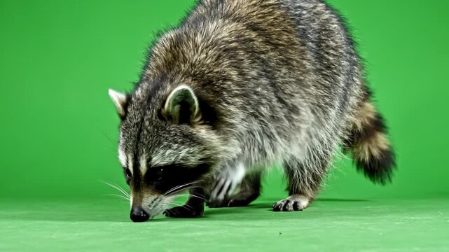 A fluffy raccoon with a striped tail sniffing the green floor in a studio setting.