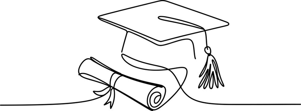 Continuous single line drawing of a graduation cap and a rolled diploma scroll for school and university student success and achievement Vector, illustration