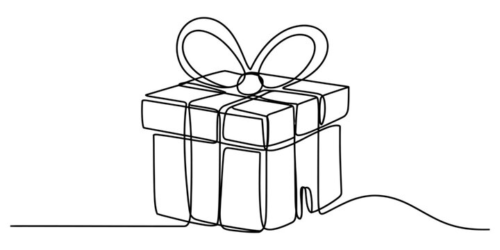 Continuous single line drawing of a gift box with a bow ribbon present for birthday anniversary celebration and holiday surprise concept art Vector, illustration