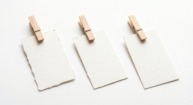 Blank watercolor paper cards with wooden clothespins, isolated on white background