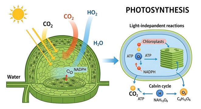 Bright Green Plant Cell Diagram with Sunlight and Water Elements