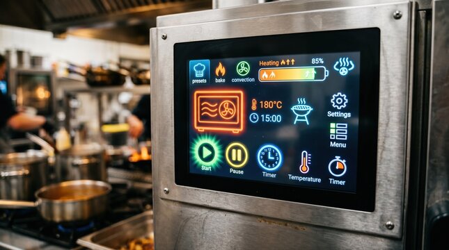 Closeup of a touchscreen industrial oven control interface with interactive icons and vibrant display emphasizing userfriendly operation and smart automation.
