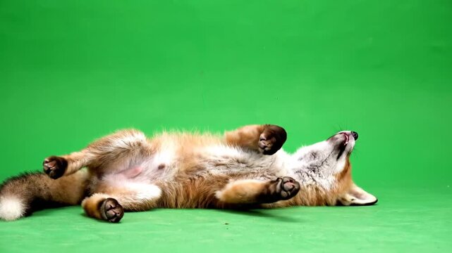 A red fox with a white belly lies on its back, paws up, against a vibrant green screen background, appearing relaxed and playful.