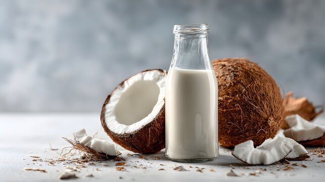 Fresh Coconut Milk in a Glass Bottle with Whole and Halved Coconuts.