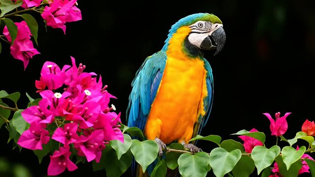 Colorful parrot perched on a branch with vibrant pink flowers