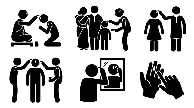 Black silhouette vector set of Indian people priest and family applying holy tilak on forehead during religious puja ritual.