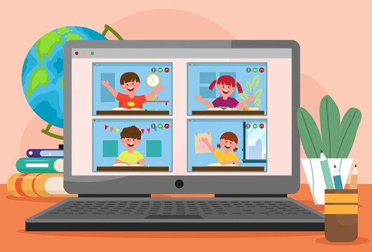 Children participating in virtual online classroom session