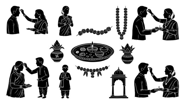 Black silhouette vector set of Indian couple applying holy tilak on forehead during puja with kalash diya and flower garland elements.
