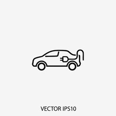 Fototapeta premium Electric car outline icon displays an eco-friendly vehicle profile connected to a charging plug cable for sustainable energy and transportation communication purposes.