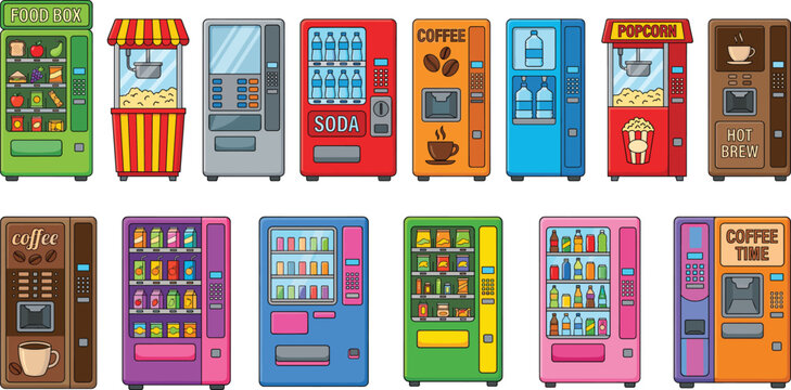 Colorful Vending Machine Cartoon Vector Collection with Snack Drink Coffee and Popcorn Dispenser Illustrations