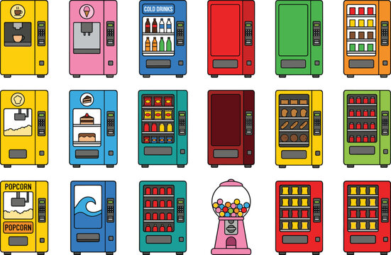 Colorful Vending Machine Vector Set Featuring Snack Drink Coffee Dessert and Popcorn Dispenser Illustrations