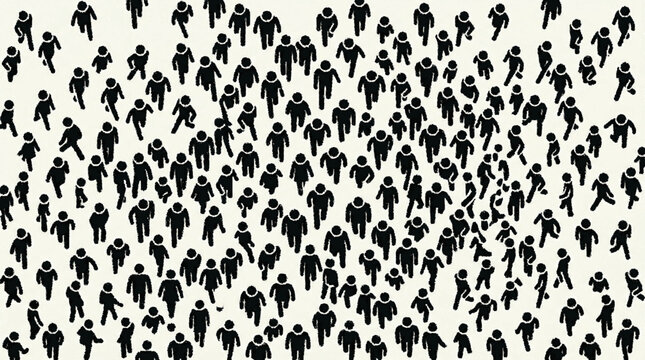 Silhouette icons of a large crowd viewed from above simplified minimalist style with black figures on white background