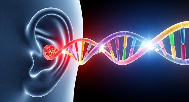 Conceptual illustration of genetic hearing loss or dna testing for auditory health featuring a human ear and a glowing dna double helix strand