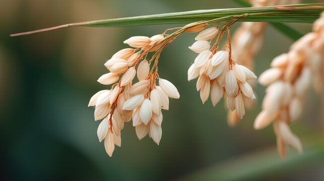 Close-up of Beautiful Delicate Grain Spikelets with Light Creamy Color and Natural Green Background in Soft Focus for Botanical Photography