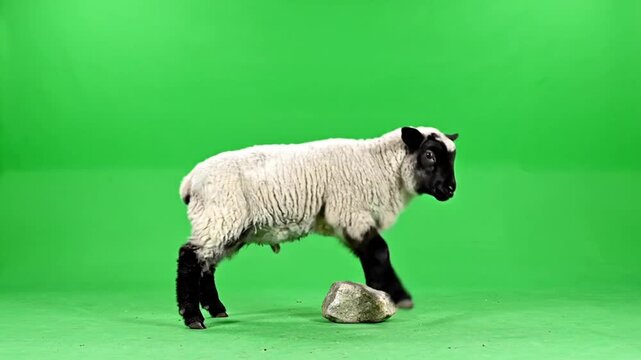 A young lamb with a white body and black head and legs stands on a vibrant green screen background next to a small rock.