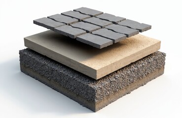 Fototapeta premium Exploded view of paver layers, materials. Shows top paving stones, sand base, gravel foundation. Cross-section illustrates construction process. Ideal for landscaping guides or DIY patio projects.