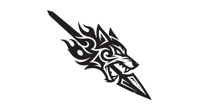 Dog head emblem with tribal flame patterns and sharp dagger spear for gaming and sports logos featuring logo, mascot, esport with vector and stencil