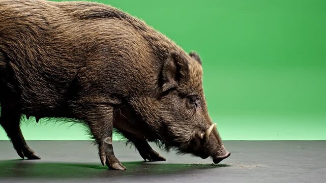 A wild boar with prominent tusks sniffs the dark ground in a studio setting with a vibrant green screen background.