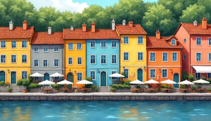 Obraz premium Colorful old houses line sunny waterfront street cafe. Buildings with orange tile roofs sit by calm blue water. Lush green trees grow behind bright facades.