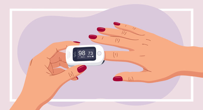 Pulse oximeter on finger for oxygen saturation measurement, medical device monitoring blood oxygen levels, healthcare diagnostic vector illustration